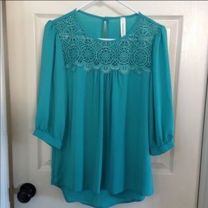 NEW Modcloth teal mixed media lace blouse top XS